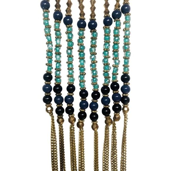 Navy And Light Blue Glass Beaded Dangle Fringe Gold Tone Vintage Necklace 23” - Picture 7 of 11